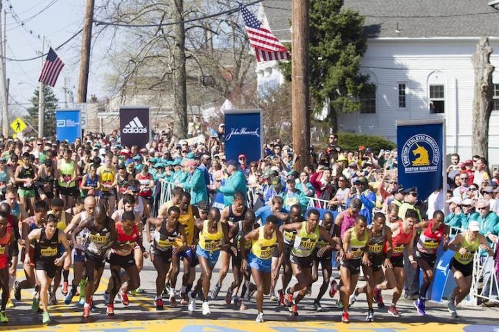 The Elite Men of the Boston Marathon get off to a quick beginning at the start of the Boston Marathon. (Joe Difazio for WBUR)